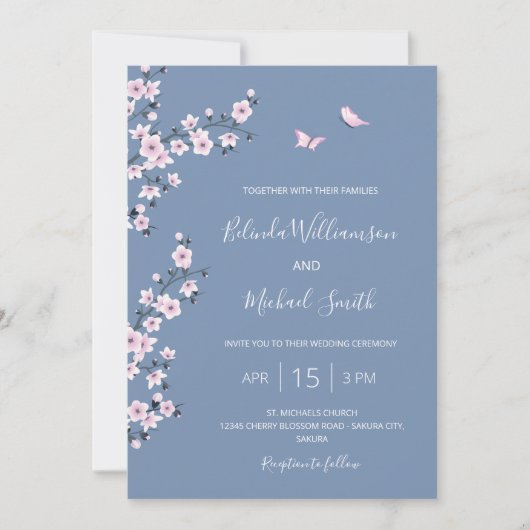 QR Code Blue Cherry Blossom | Chinesische Hochzeit Einladung (Vorderseite)