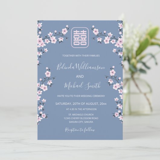QR Code Blue Cherry Blossom | Chinesische Hochzeit Einladung (Stehend Vorderseite)