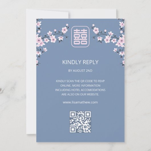 QR Code Blue Cherry Blossom | Chinesische Hochzeit Einladung (Rückseite)