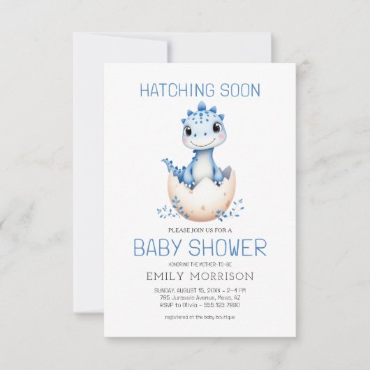 QR Code Blue Dinosaurier Hatching Bald Baby Dusche Einladung (Vorderseite)