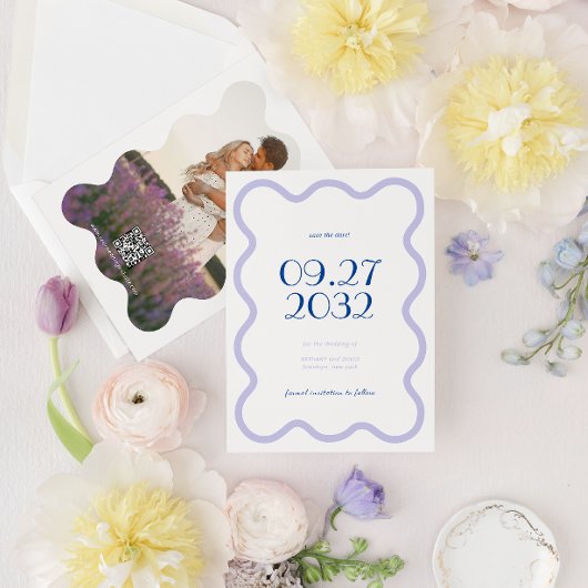 QR Code Blue Lavender Wave Scallop Foto Hochzeit Save The Date