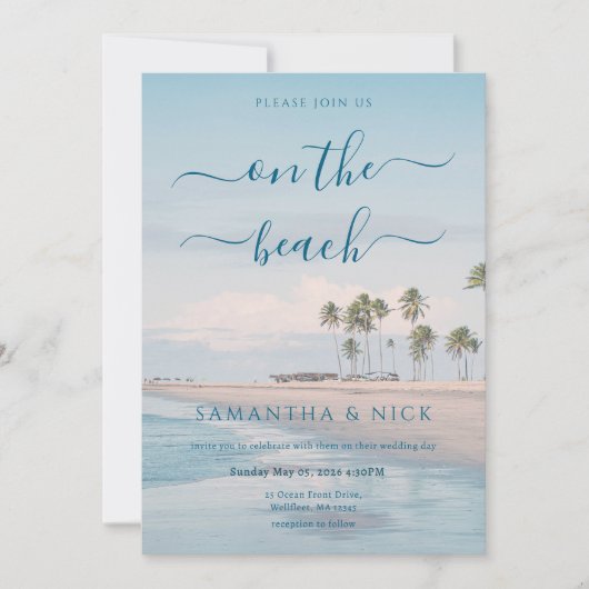 QR-Code Blue Ocean Palmenstrand Hochzeit Einladung (Vorderseite)