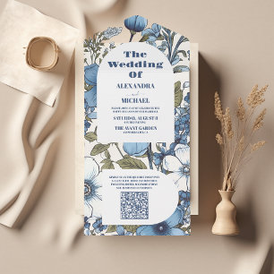 QR Code Blue Periwinkle Wildblumen Hochzeit All In One Einladung