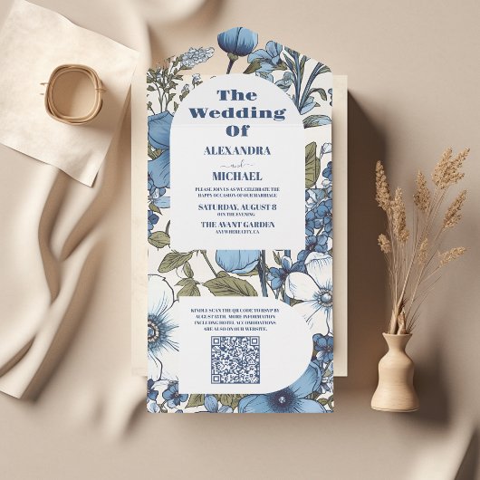 QR Code Blue Periwinkle Wildblumen Hochzeit All In One Einladung