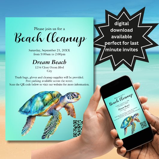 QR Code Blue Sea Turtle Beach Cleanup-Ereignis Einladung
