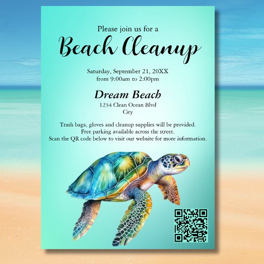 QR Code Blue Sea Turtle Beach Cleanup-Ereignis Einladung