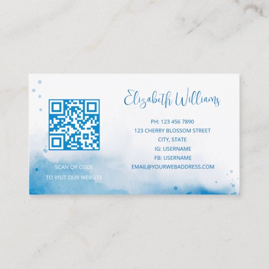 QR Code Blue Watercolor Hintergrund Visitenkarte (Rückseite)