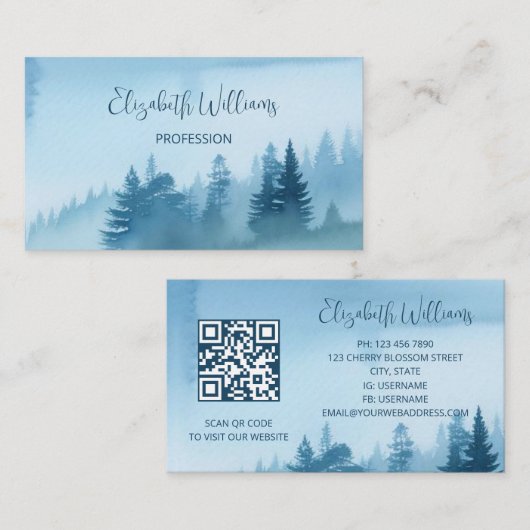 QR Code Blue Watercolor Landscape Visitenkarte (Vorne/Hinten)