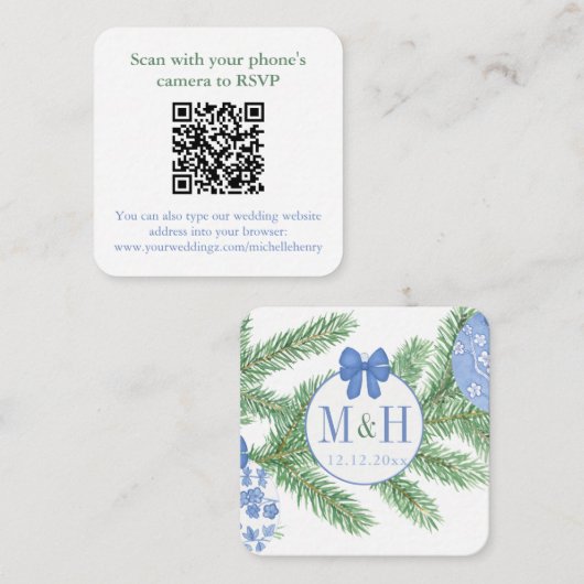 QR Code Blue White Christmas RSVP Begleitkarte (Vorne/Hinten)