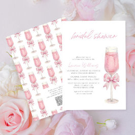 QR Code Blush Pink Bow Champagne Bridal Shower Einladung
