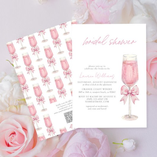 QR Code Blush Pink Bow Champagne Bridal Shower Einladung
