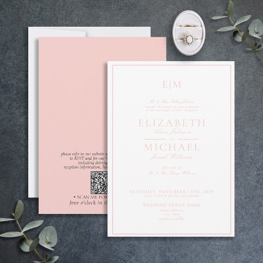 QR Code Blush Pink Classic Monogram Wedding Einladung