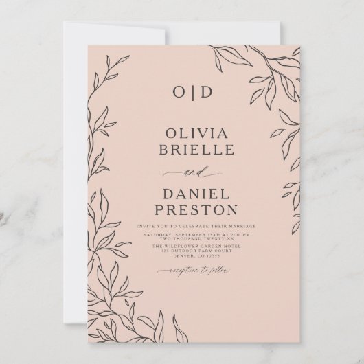 QR-Code Blush Pink Minimal Leaf Hochzeit Einladung (Vorderseite)