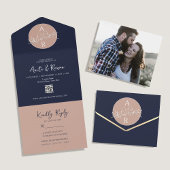 QR Code Blush Pink Navy Blue Wedding All In One Einladung