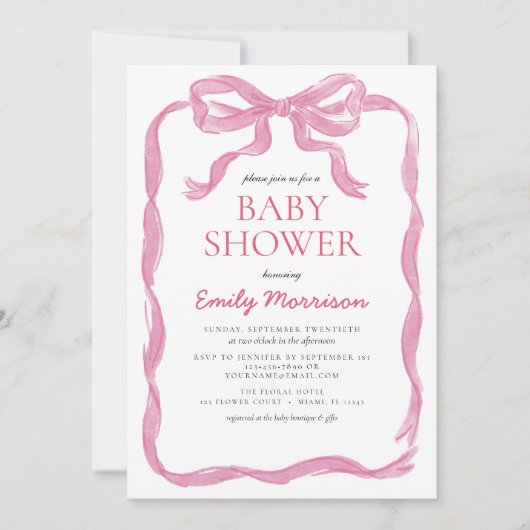 QR-Code Blush Pink Ribbon Bow Girl Baby Shower Einladung (Vorderseite)