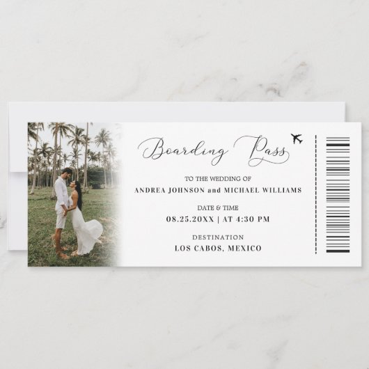 QR Code Boarding Pass Wedding Tropical Destination Einladung (Vorderseite)