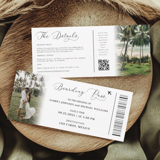 QR Code Boarding Pass Wedding Tropical Destination Einladung