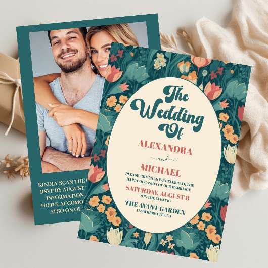 QR Code Boho Chic Retro Colorful Floral Wedding Einladung