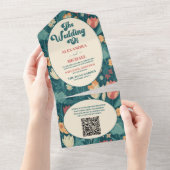 QR Code Boho Chic Retro farbenfrohe Blumenhochzeit All In One Einladung (Abreißen)