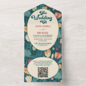 QR Code Boho Chic Retro farbenfrohe Blumenhochzeit All In One Einladung (Innen Boden)