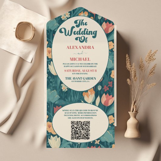 QR Code Boho Chic Retro farbenfrohe Blumenhochzeit All In One Einladung
