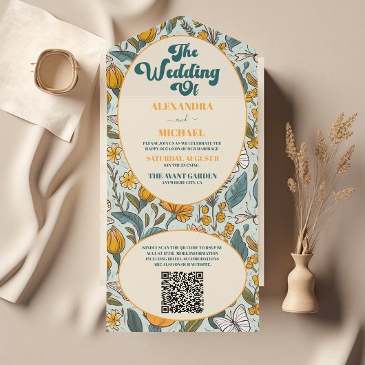 QR Code Boho Chic Retro farbenfrohe Blumenhochzeit All In One Einladung
