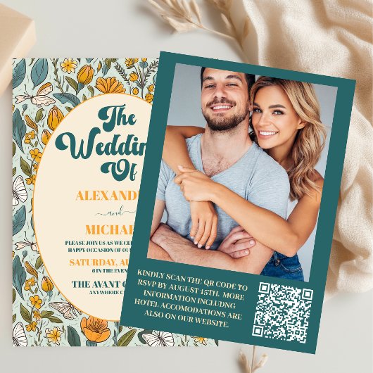 QR Code Boho Chic Retro farbenfrohe Blumenhochzeit Einladung