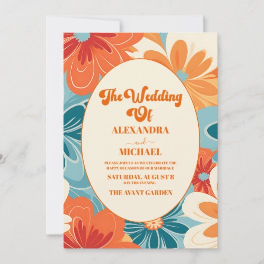 QR Code Boho Chic Retro farbenfrohe Blumenhochzeit Einladung (Vorderseite)