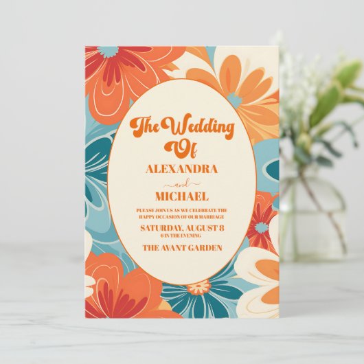 QR Code Boho Chic Retro farbenfrohe Blumenhochzeit Einladung (Stehend Vorderseite)