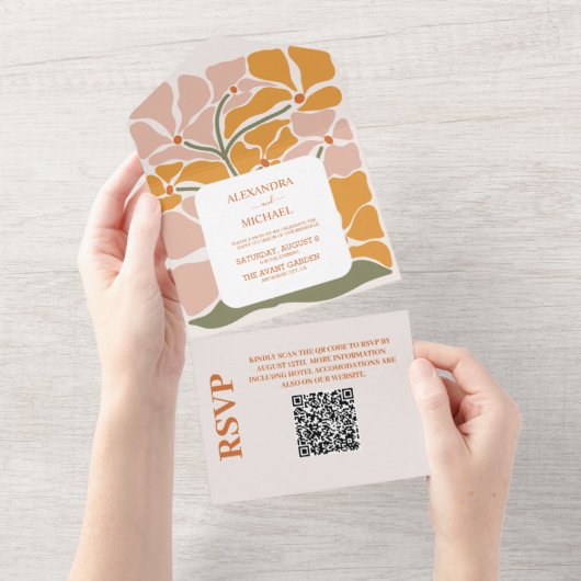 QR Code Boho Chic Retro Floral Wedding All In One Einladung (Abreißen)