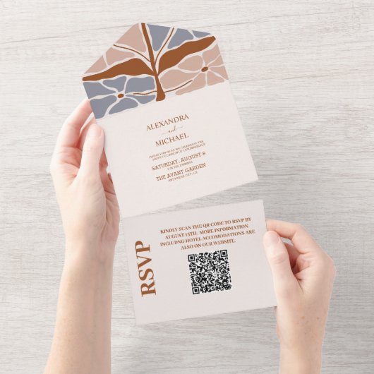 QR Code Boho Chic Retro Floral Wedding All In One Einladung (Abreißen)