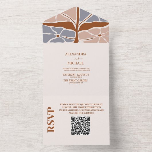 QR Code Boho Chic Retro Floral Wedding All In One Einladung (Innen Boden)