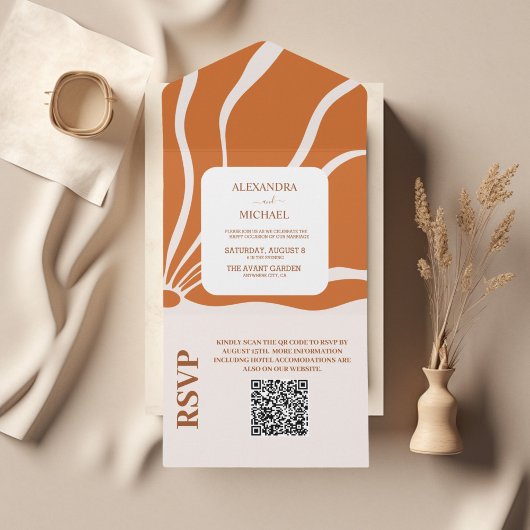 QR Code Boho Chic Retro Floral Wedding All In One Einladung