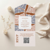 QR Code Boho Chic Retro Floral Wedding All In One Einladung