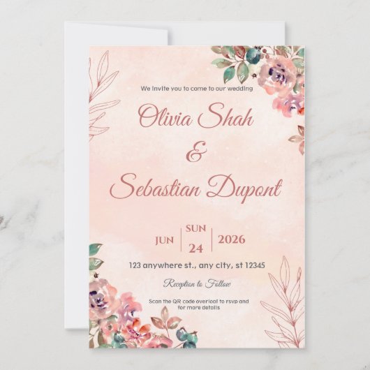 QR Code Boho Floral Wedding Einladung (Vorderseite)