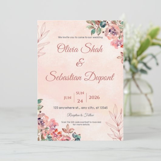 QR Code Boho Floral Wedding Einladung (Stehend Vorderseite)