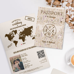 QR-Code Boho-Hochzeits-Reiseziel-Pass-Karte Einladung