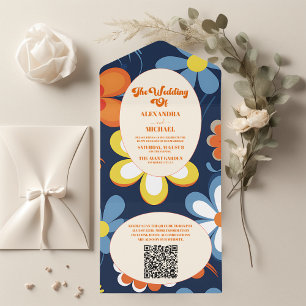 QR-Code Boho Retro Blumenhochzeit All In One Einladung