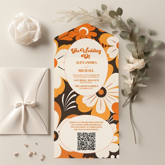 QR Code Boho Retro Floral Wedding All In One Einladung