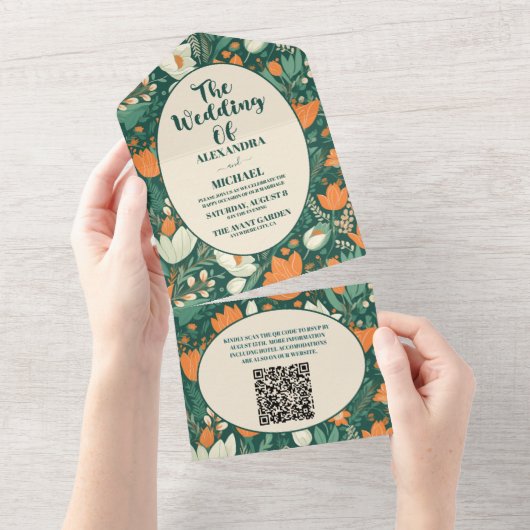QR Code Boho Retro Floral Wedding All In One Einladung (Abreißen)