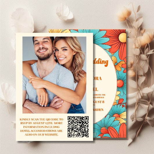 QR-Code Boho Retro Florale Hochzeit Einladung