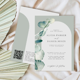 QR-Code boho sage green arch eucalyptus wedding Einladung