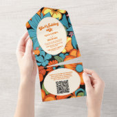 QR Code Boho Seventies Retro Blumenhochzeit All In One Einladung (Abreißen)