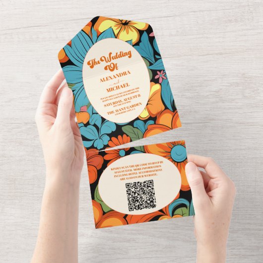 QR Code Boho Seventies Retro Blumenhochzeit All In One Einladung (Abreißen)