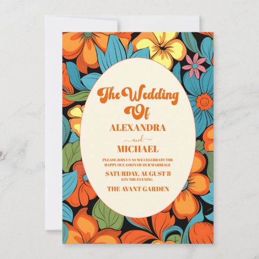 QR Code Boho Seventies Retro Blumenhochzeit Einladung (Vorderseite)