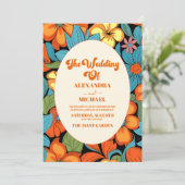 QR Code Boho Seventies Retro Blumenhochzeit Einladung (Stehend Vorderseite)