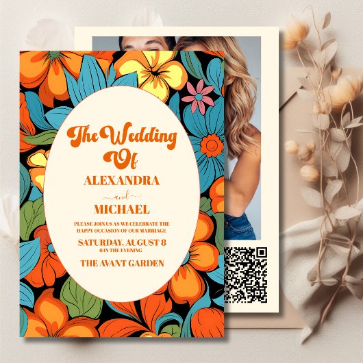 QR-Code Boho Siebziger Retro-Blumen-Hochzeit Einladung