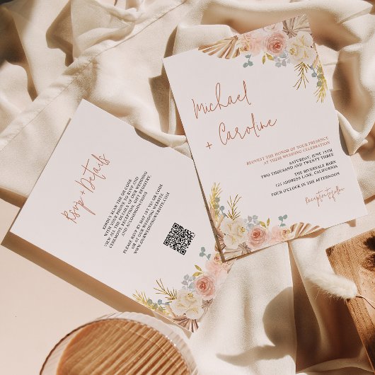 QR Code Boho Terracotta Pampas Floral Wedding Einladung