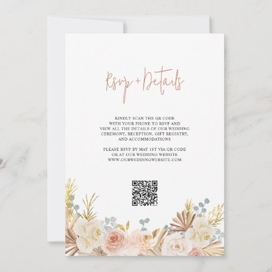 QR Code Boho Terracotta Pampas Floral Wedding Einladung (Rückseite)