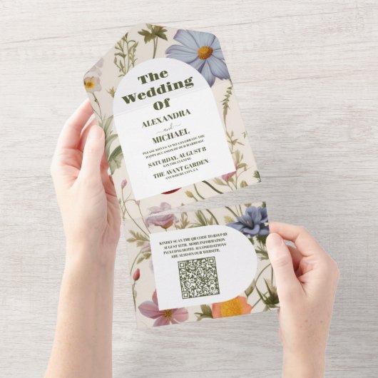 QR Code Boho Wildblume Botanische Hochzeit All In One Einladung (Abreißen)